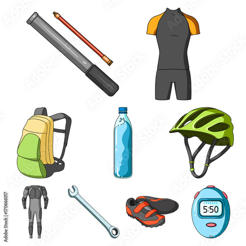 Icons of Cycling, bike. Set for bike, backpack protection, repair, form. Cyclist outfit icon in set collection on cartoon style vector symbol stock illustration.