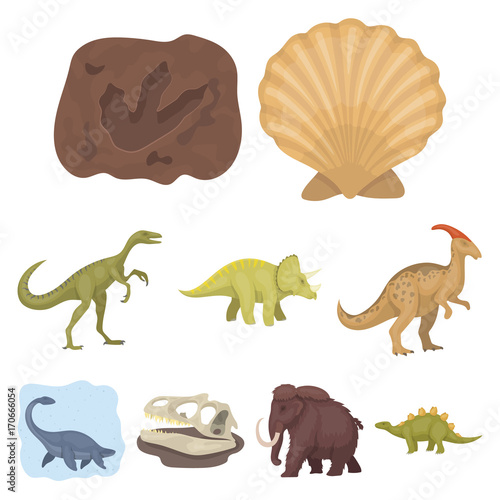 Ancient extinct animals and their tracks and remains. Dinosaurs, tyrannosaurs, pnictosaurs.Dinisaurs and prehistorical icon in set collection on cartoon style vector symbol stock illustration.