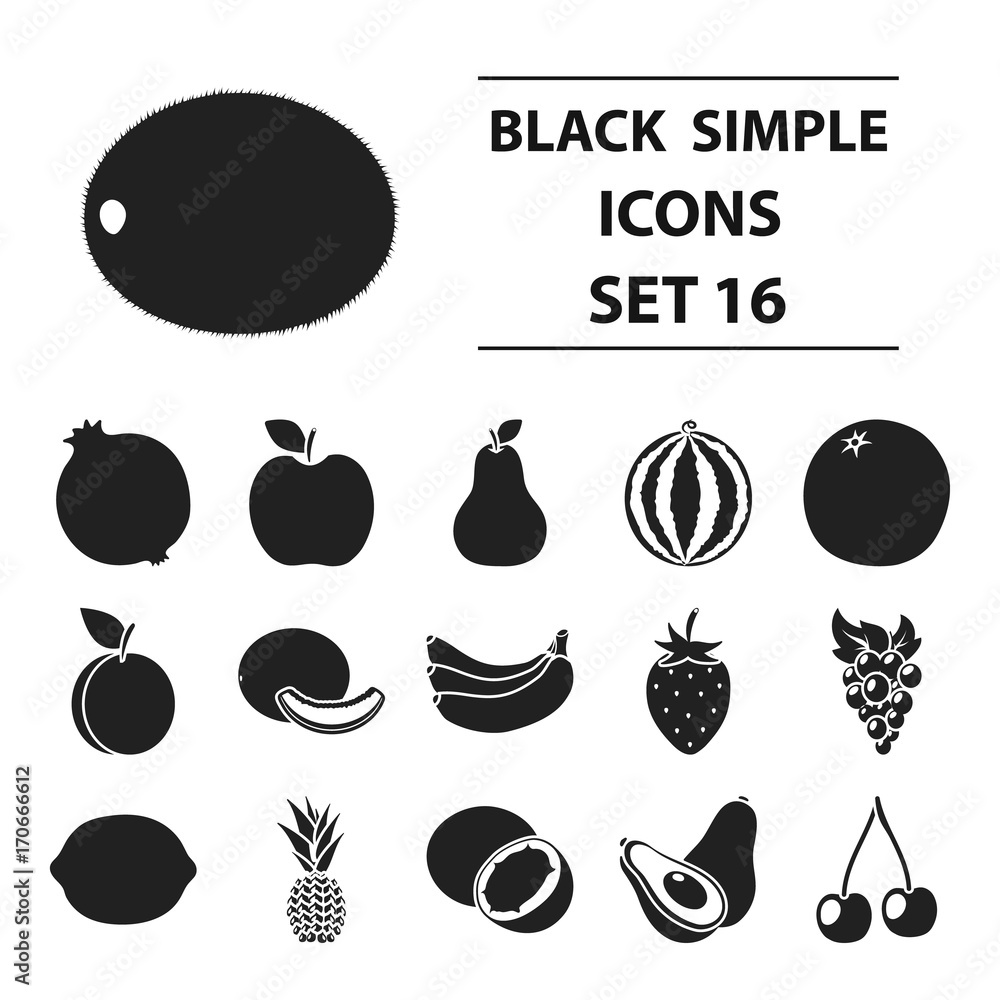 Fruits set icons in black style. Big collection fruits vector symbol ...