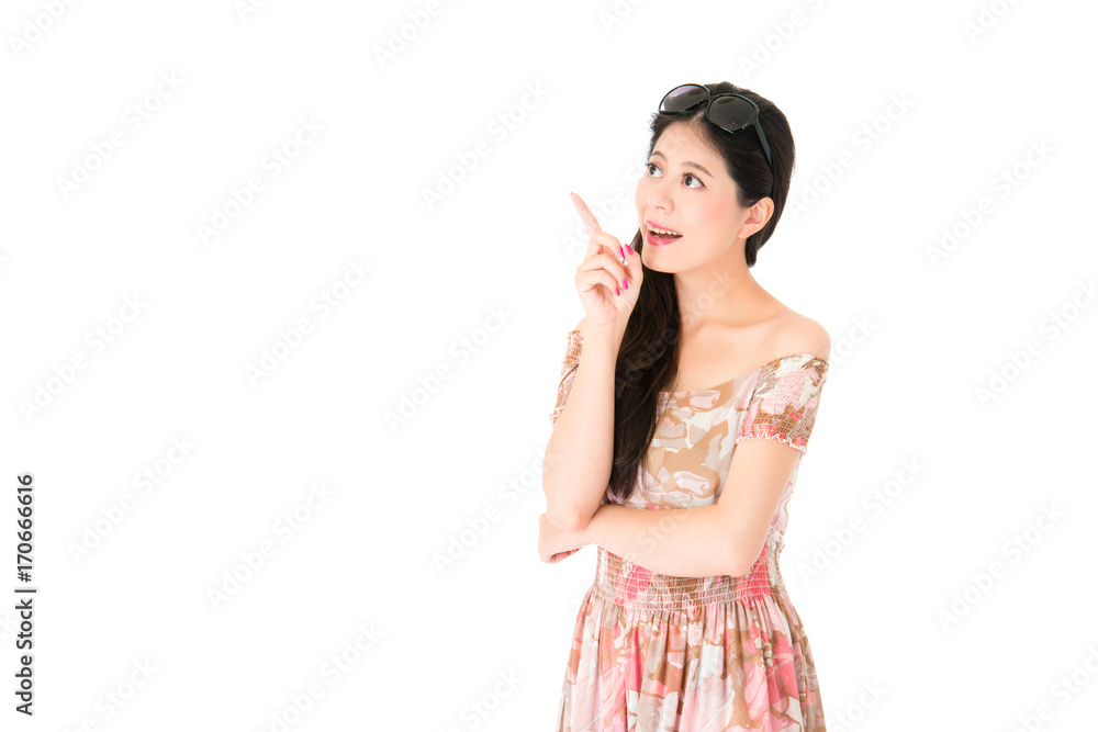 slim lady looking at copyspace pointing blank area slim lady looking at copyspace pointing blank area