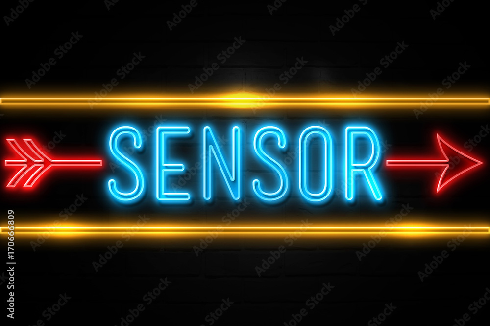 Sensor - fluorescent Neon Sign on brickwall Front view Stock ...