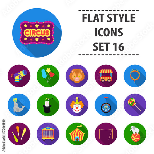 Circus set icons in flat style. Big collection circus vector symbol stock illustration