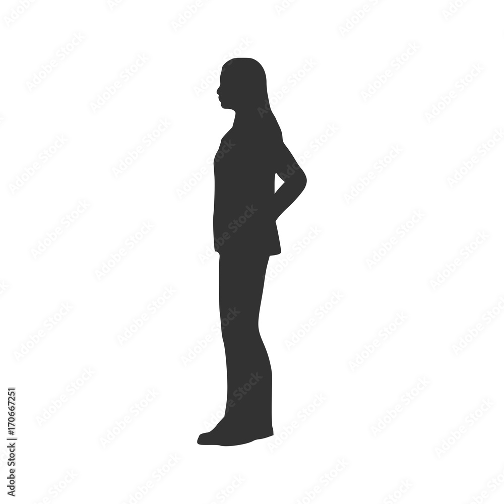 Business Woman Black Silhouette Standing Full Length Over White Background Vector Illustration. Side View