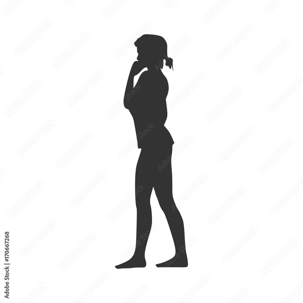 Woman Black Silhouette Standing Full Length Over White Background. Vector Illustration. SideView