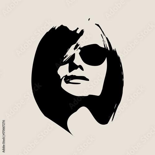 Portrait of beautiful woman in black sunglasses. Short hair. Vector version. Front view