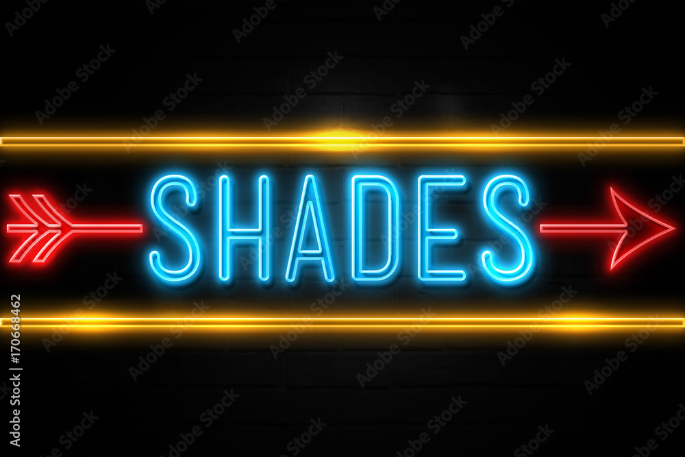 Shades - fluorescent Neon Sign on brickwall Front view Shades - fluorescent Neon Sign on brickwall Front view