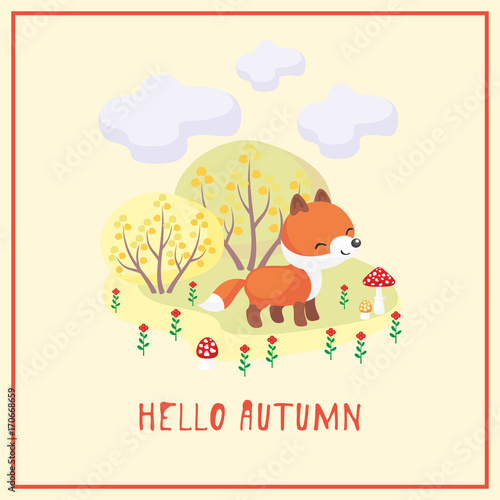 Hello autumn. Greeting card with the image of cute forest animal and trees in cartoon style. Children   s illustration. 