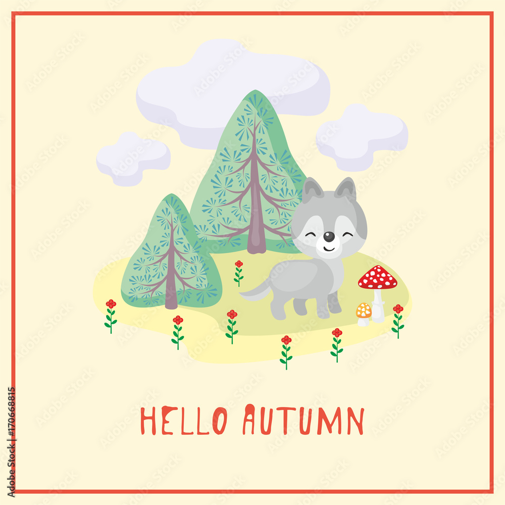 Obraz Hello autumn. Greeting card with the image of cute forest animal and trees in cartoon style. Children’s illustration.