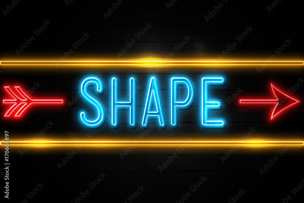 Shape - fluorescent Neon Sign on brickwall Front view Shape - fluorescent Neon Sign on brickwall Front view