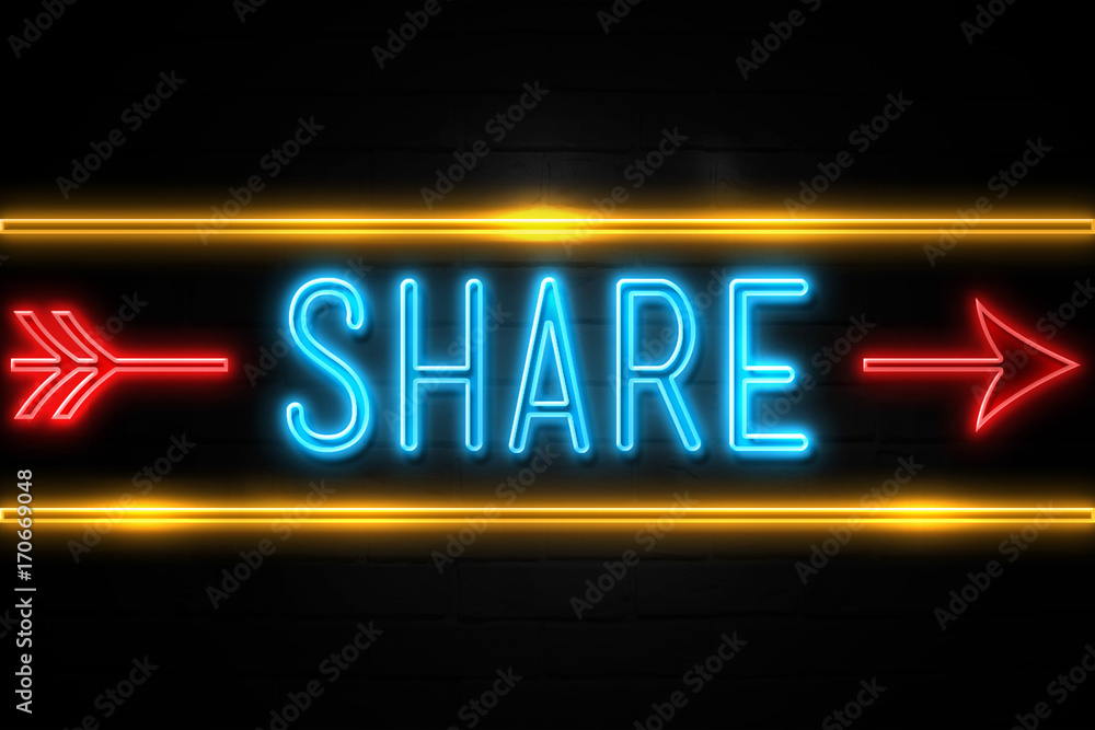 Share  - fluorescent Neon Sign on brickwall Front view