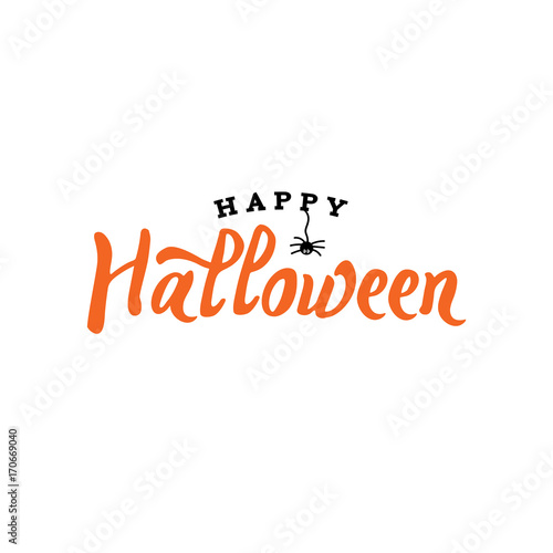 Happy Halloween Typography with Spider Over White, Vector Illustration