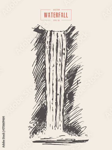 Vintage illustration of beautiful waterfall drawn