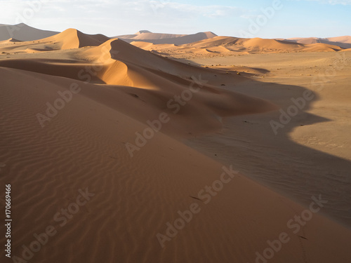 Beautiful natural curved ridge line and wind blow pattern of rusty red sand dune with soft shadow on vast desert landscape background, Sossus, Namib desert