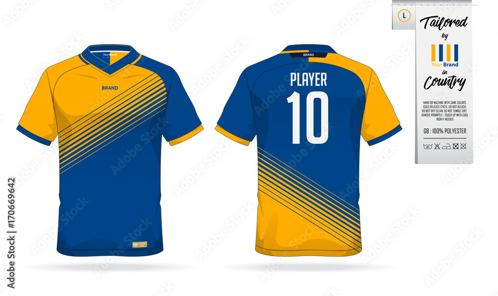 Fototapeta premium Sport t-shirt or soccer jersey template for sport club. Sportswear shirt mock up. Front view and back view of football uniform. Clothing label for apparel detail and size. Vector Illustration.
