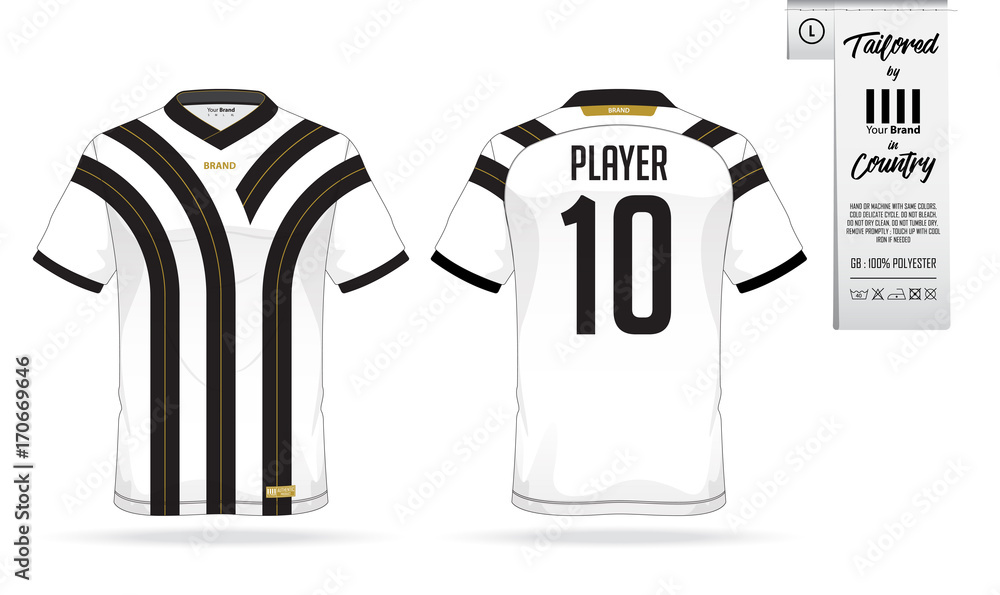 Fototapeta premium Sport t-shirt or soccer jersey template for sport club. Sportswear shirt mock up. Front view and back view of football uniform. Clothing label for apparel detail and size. Vector Illustration.