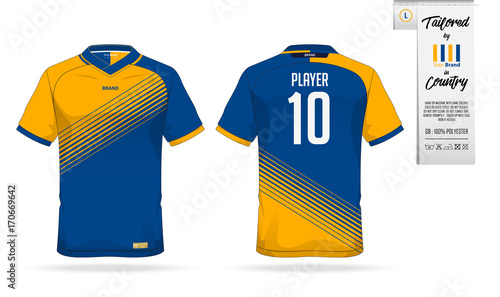 Sport t-shirt or soccer jersey template for sport club. Sportswear shirt mock up. Front view and back view of football uniform. Clothing label for apparel detail and size. Vector Illustration.