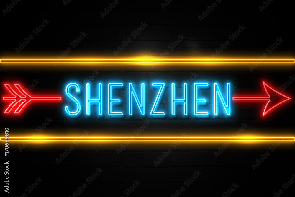 Shenzhen  - fluorescent Neon Sign on brickwall Front view