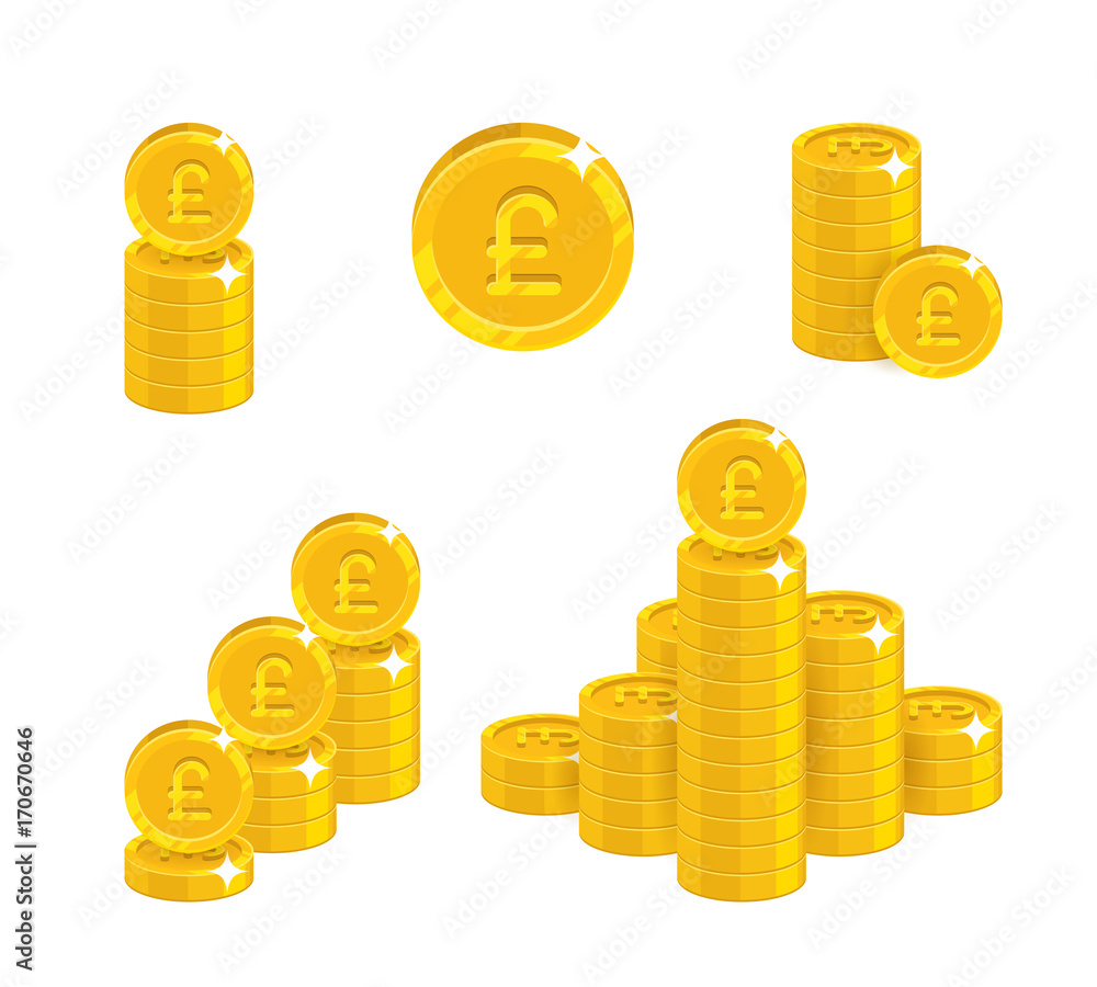 Pound coin heaps. Exceeding income goals, calculating high income and a large capital base. Business finance and economy concept. Cartoon vector illustration isolated on white background Pound coin heaps. Exceeding income goals, calculating high income and a large capital base. Business finance and economy concept. Cartoon vector illustration isolated on white background
