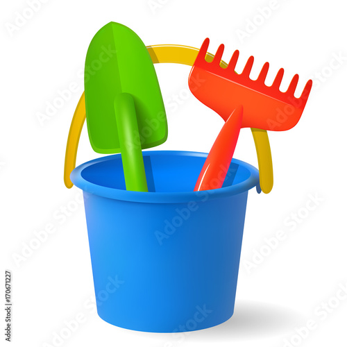 toys for sandbox. Baby bucket, rake, scapula. Colored objects on white background. Vector illustrations