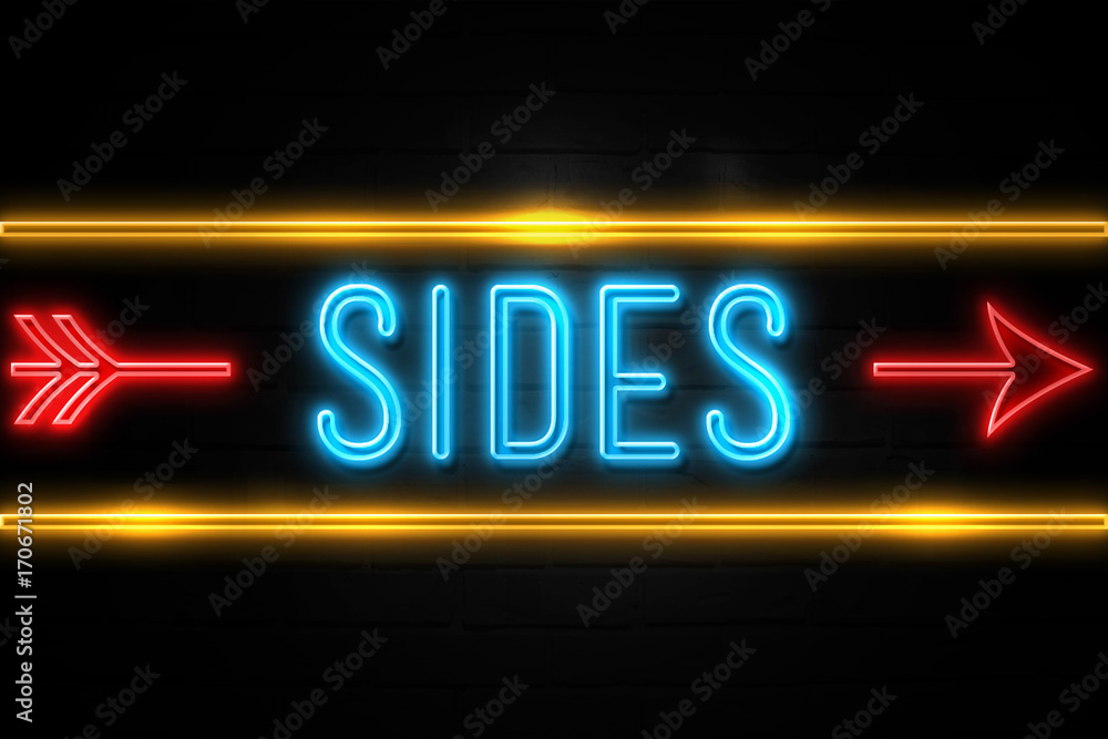 Sides  - fluorescent Neon Sign on brickwall Front view
