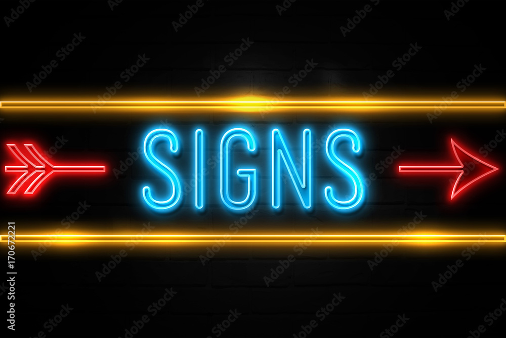 Fototapeta premium Signs - fluorescent Neon Sign on brickwall Front view