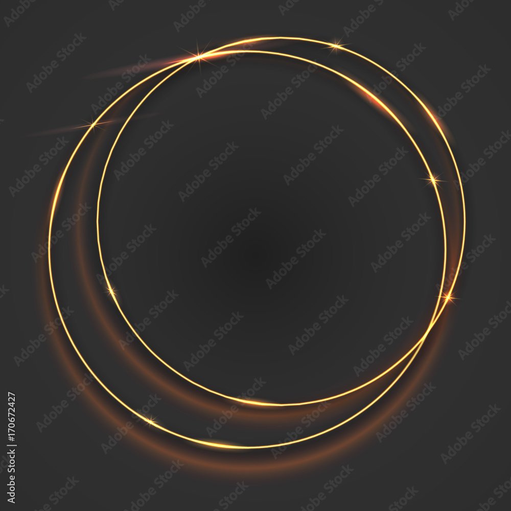 Sparkling golden glow rings, frame with light effect on dark background. 3D illustration, spark with ring glossy line, abstract composition. Great backdrop for the wedding ceremony or invitation cards Sparkling golden glow rings, frame with light effect on dark background. 3D illustration, spark with ring glossy line, abstract composition. Great backdrop for the wedding ceremony or invitation cards