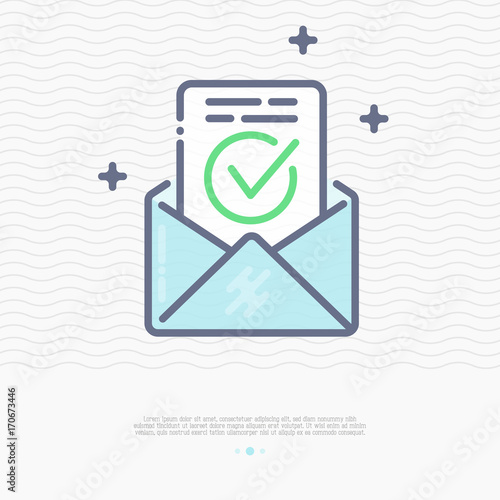 Envelope with approved document thin line icon. Vector illustration of e-mail confirmation.