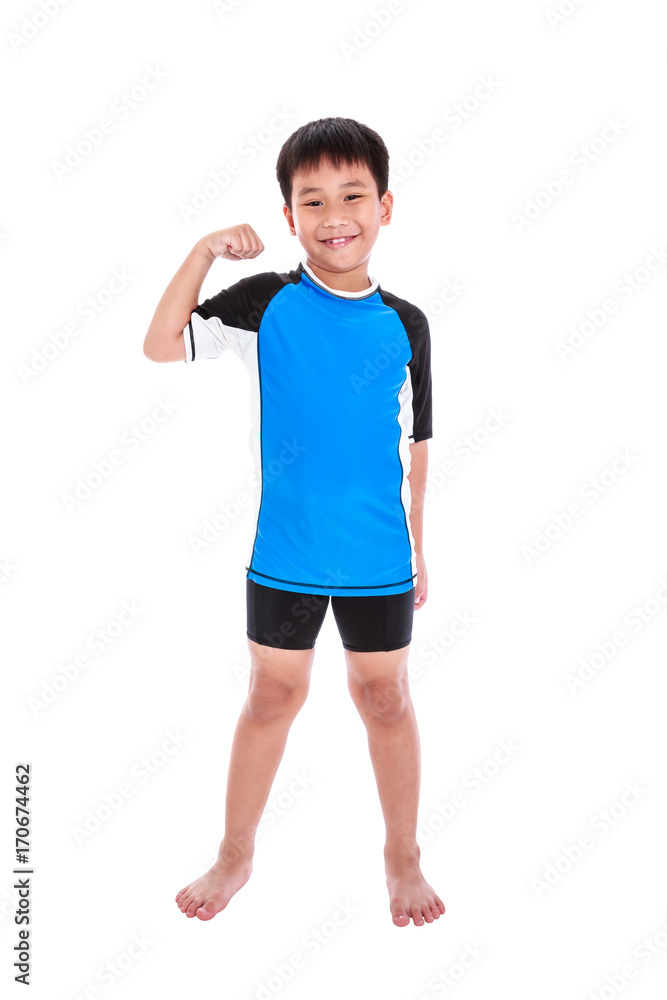 Asian strong boy is flexing his biceps muscle. Isolated on white background. Asian strong boy is flexing his biceps muscle. Isolated on white background.
