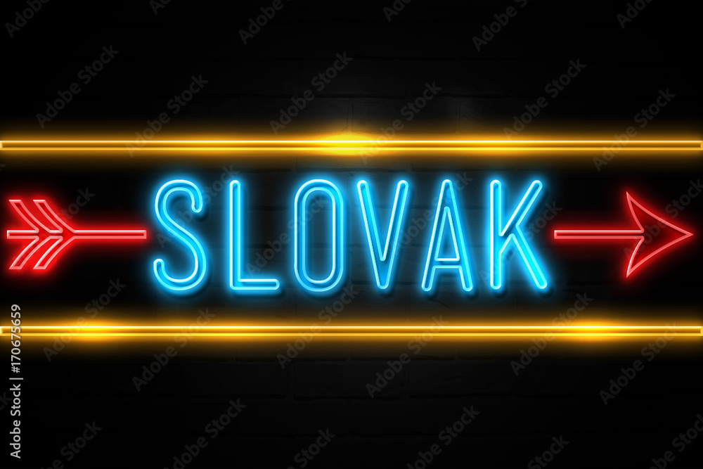 Slovak  - fluorescent Neon Sign on brickwall Front view