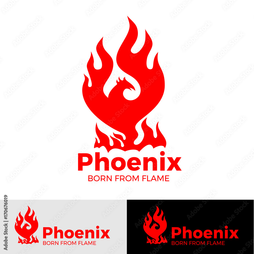 Fototapeta premium Phoenix logo creative logo of mythological bird Fenix, a unique bird - a flame born from ashes. Silhouette of a fire bird. Logo template in form of fire and bird coming out of flame and sparks.