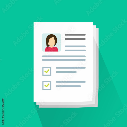 Documents with personal data vector illustration, flat cartoon paper document pile or stack with user profile data and photo, concept of interview job, qualification test evaluation, cv