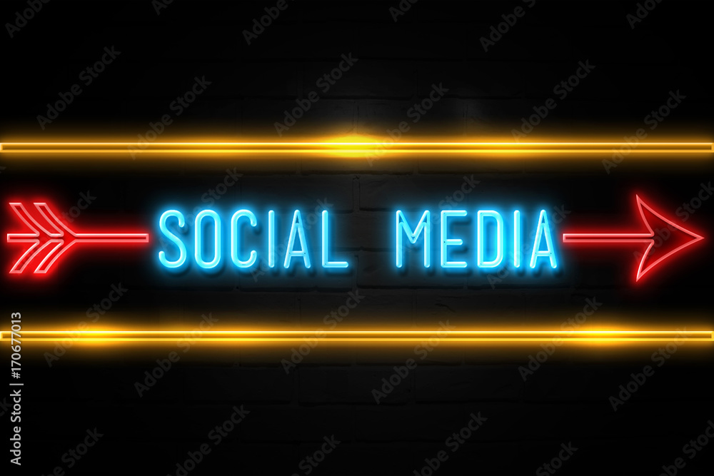 Social Media  - fluorescent Neon Sign on brickwall Front view