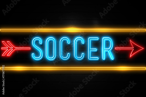 Soccer - fluorescent Neon Sign on brickwall Front view