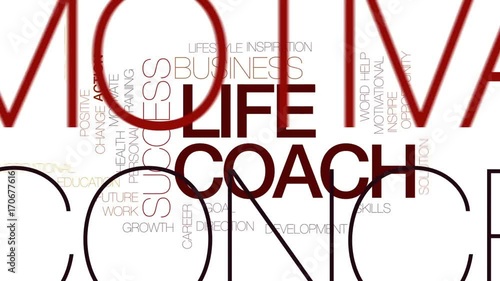Life coach animated word cloud, text design animation. Kinetic typography.