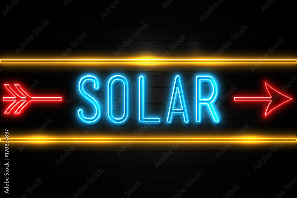 Solar - fluorescent Neon Sign on brickwall Front view Solar - fluorescent Neon Sign on brickwall Front view