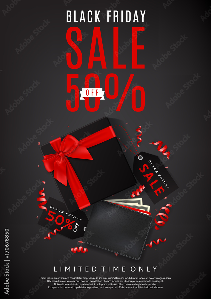 Black friday sale dark poster. Top view on black gift box with