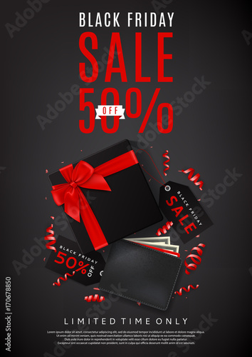 Black friday sale dark poster. Top view on black gift box with satin bow and wallet on dark backdrop. Vector illustration with confetti, serpentine and advertising tags for seasonal offer.