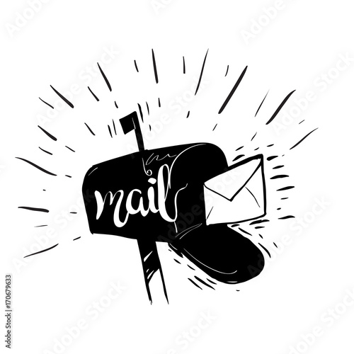 Mail text Hand drawn calligraphy, brush pen lettering on mailbox. design for greeting card, promo leaflet