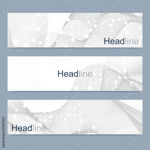 Scientific set of modern vector banners. DNA molecule structure with connected lines and dots. Science vector background. Medical, tecnology, chemistry design.