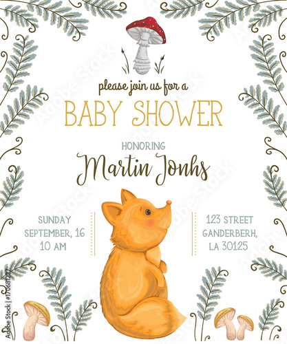 Obraz na płótnie Baby shower zaproszenia z lisów, grzybów, kwiatów, liści i paproci. Ładny postać z kreskówki. Ręcznie rysowane ilustracji wektorowych w stylu przypominającym akwarele
