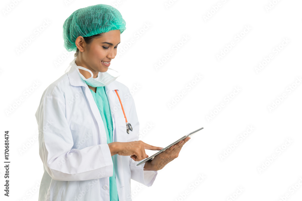 medical doctor working with tablet on white background medical doctor working with tablet on white background