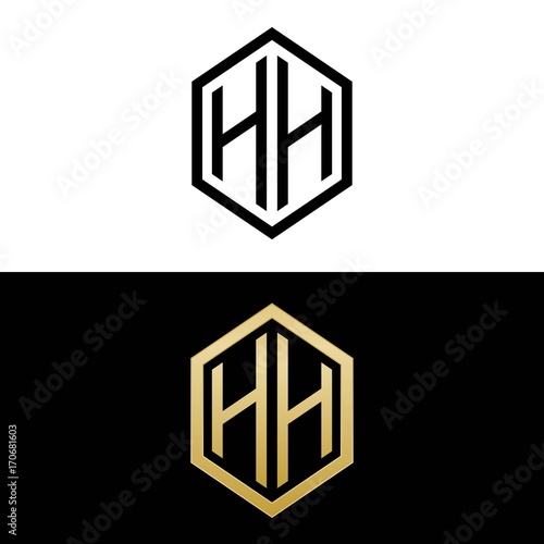 initial letters logo hh black and gold monogram hexagon shape vector