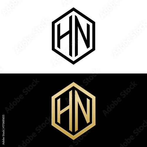 initial letters logo hn black and gold monogram hexagon shape vector