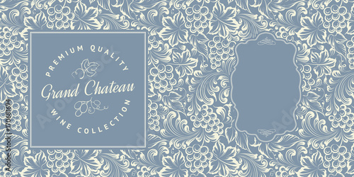 Label card template. Lavel with custom sign and square frame for personal text with grape bunch on the blue background. Vector illustration.