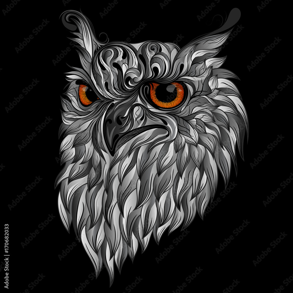 Fototapeta premium Gray vector owl with fiery eyes on a black background