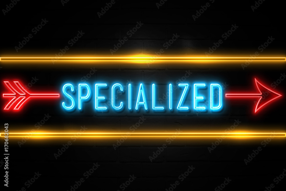 Specialized  - fluorescent Neon Sign on brickwall Front view