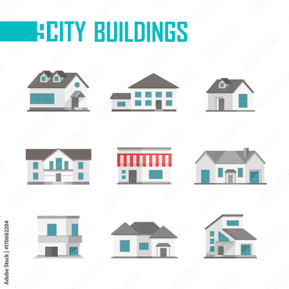 Nine low-storey city buildings set of icons - vector illustration Nine low-storey city buildings set of icons - vector illustration