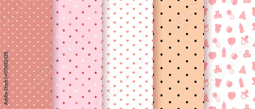Seamless patterns for baby girl shower party. Set of cute pink backgrounds for invitation templates, scrapbook, cards. Vector illustration. 