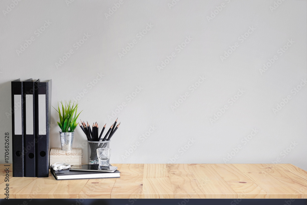 Work space Mock up white tabletop with files, pencils and houseplant. wood desk with copy space for products display montage. Work space Mock up white tabletop with files, pencils and houseplant. wood desk with copy space for products display montage.