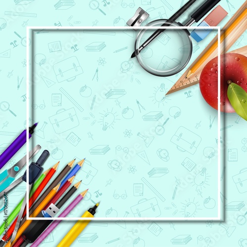 Stationery and an apple background